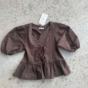 Zara Dark Brown Puff Sleeve Blouse